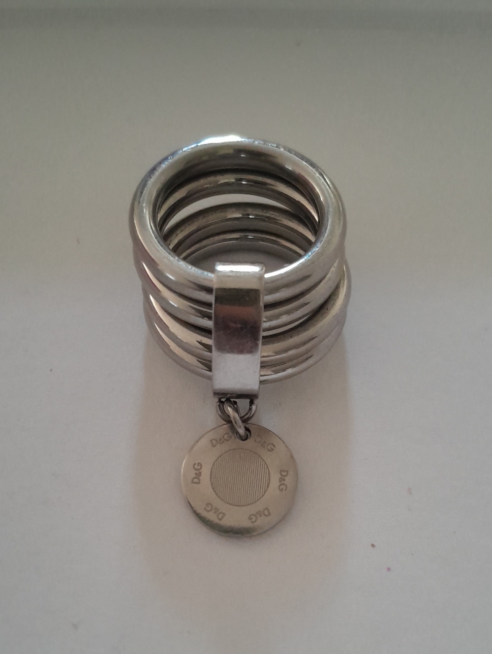 D&G Polished Silver Stacked Band Ring with Logo Disc Charm